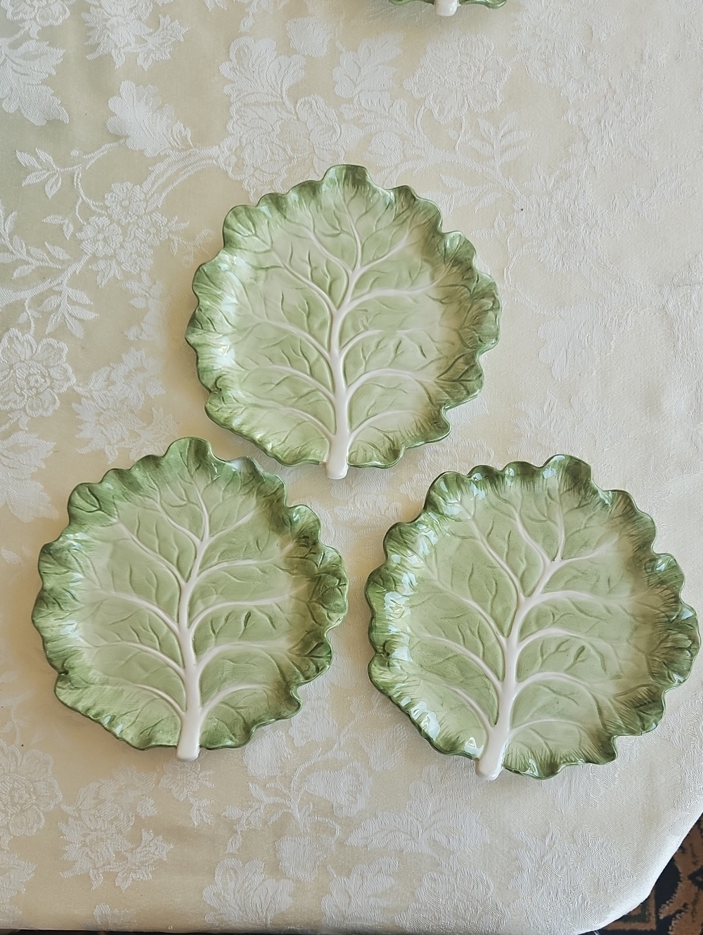 3 VTG 1989 Fitz & Floyd Cabbage leaf plates Green Majolica Ironstone